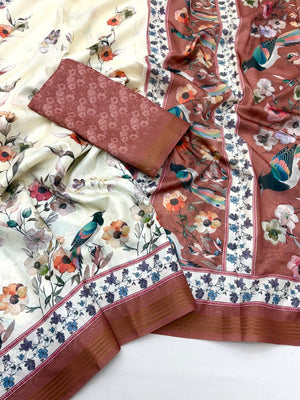 Elegant Offwhite & Brown Dola Silk Saree with Floral & Digital Print - Image 2