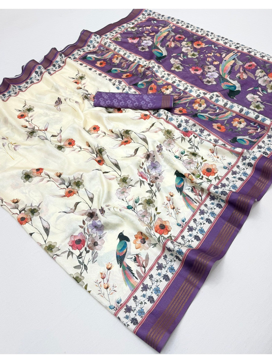 Offwhite & Purple Dola Silk Saree with Elegant Floral and Bird Digital Print - Image 3