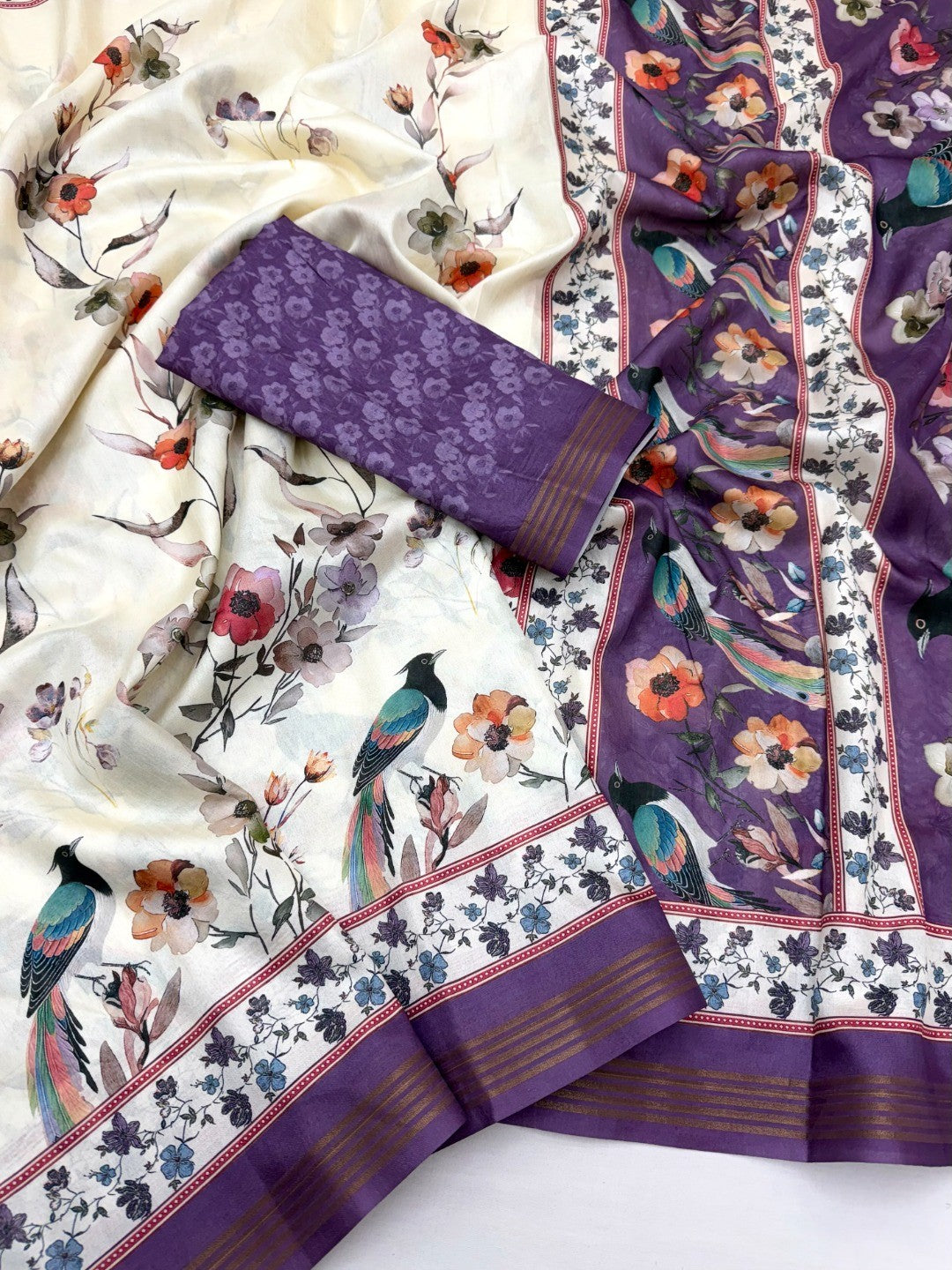 Offwhite & Purple Dola Silk Saree with Elegant Floral and Bird Digital Print - Image 2