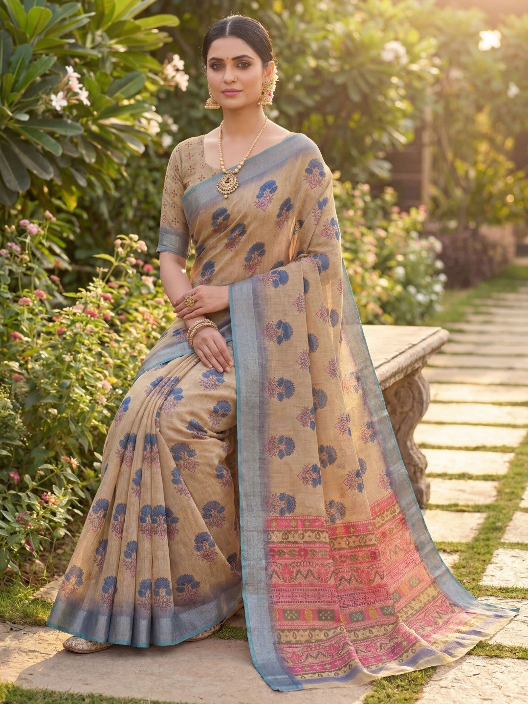 Elegant Floral Printed Chikoo Linen Saree with Traditional Border - Image 2