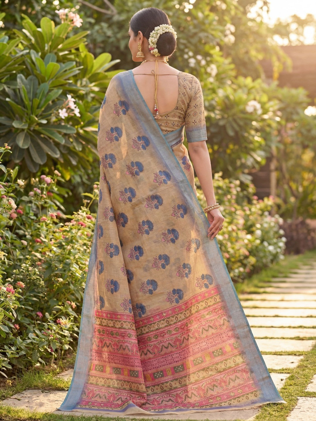 Elegant Floral Printed Chikoo Linen Saree with Traditional Border - Image 3