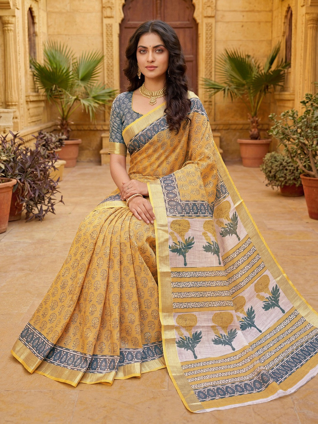 Elegant Mustard Linen Saree with Floral Print and Zari Border - Image 3