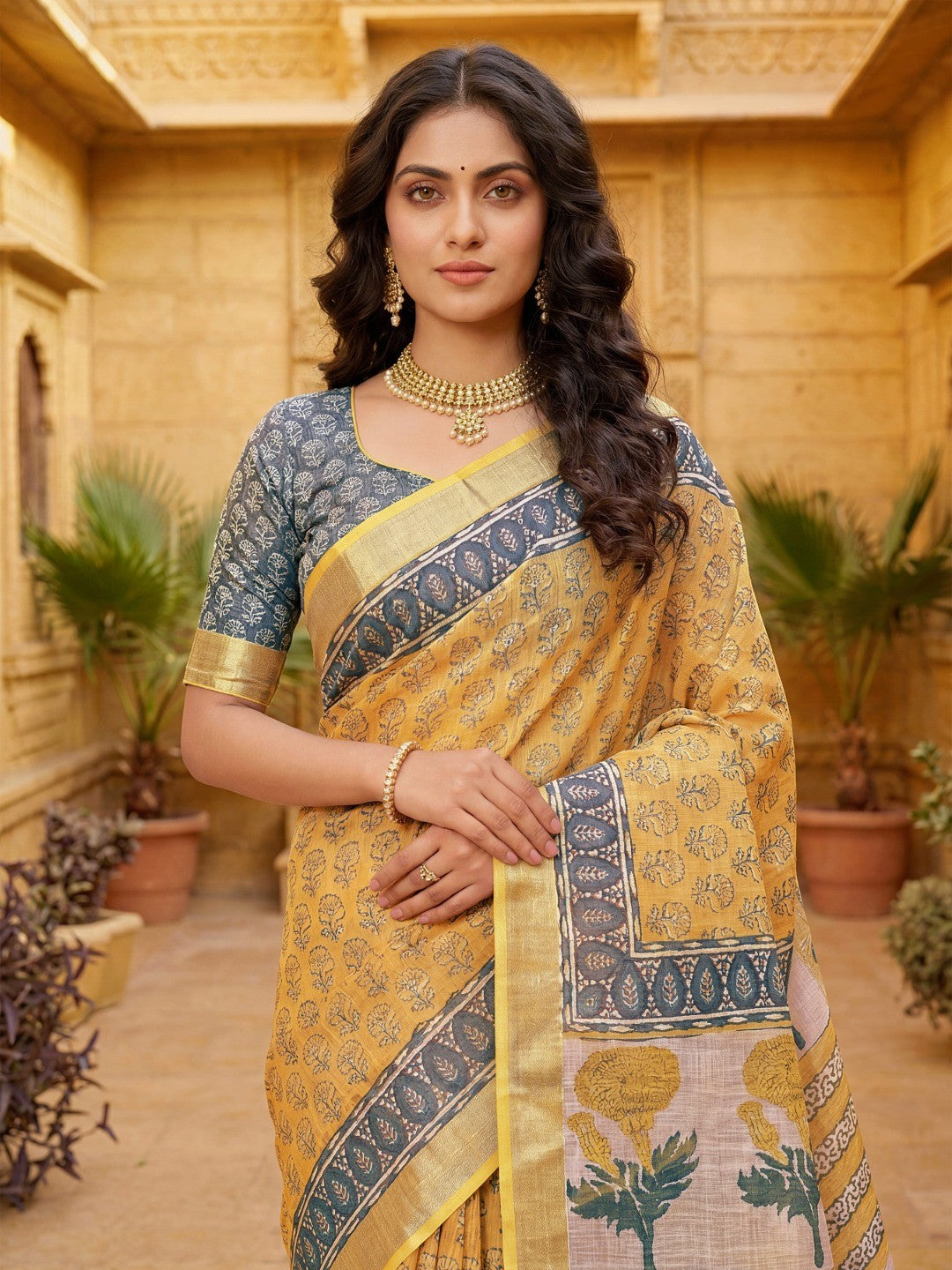 Elegant Mustard Linen Saree with Floral Print and Zari Border - Image 4