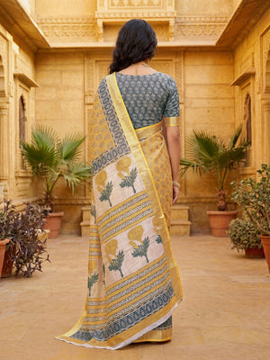 Elegant Mustard Linen Saree with Floral Print and Zari Border - Image 2