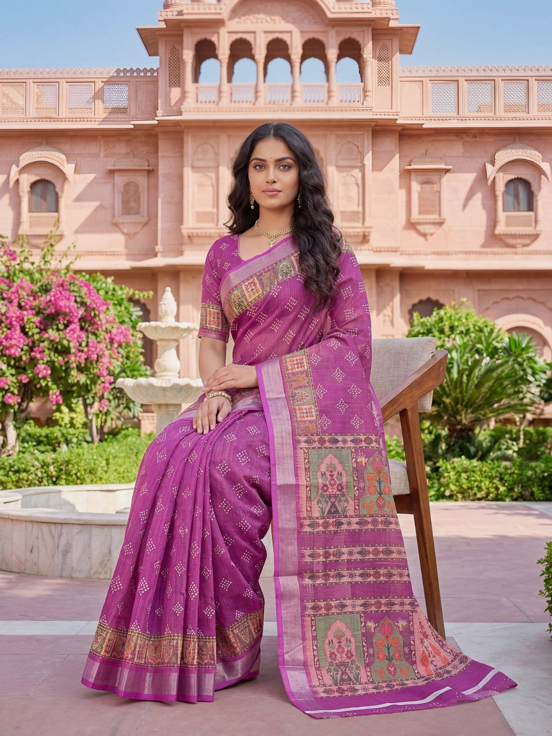 Elegant Magenta Linen Saree with Traditional Jaipuri Print - Image 3