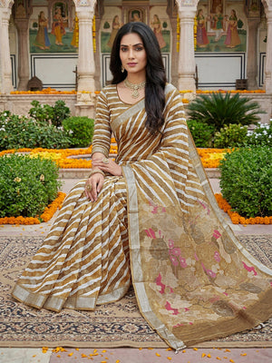 Elegant Beige Leheriya Linen Saree with Floral Pallu - Image 2
