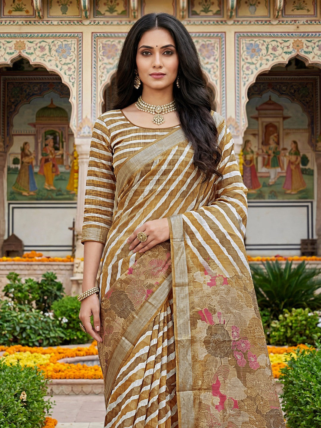 Elegant Beige Leheriya Linen Saree with Floral Pallu - Image 4