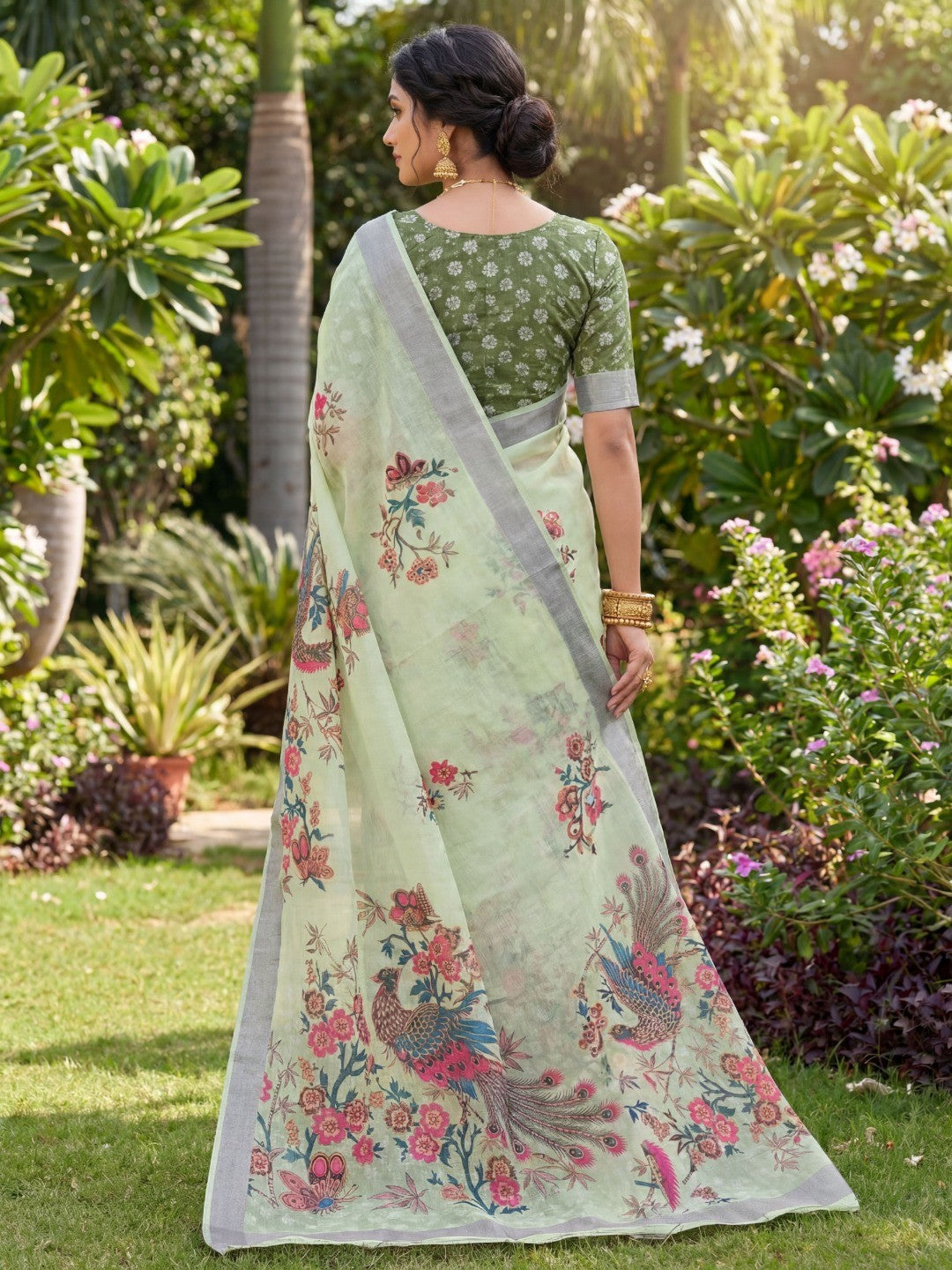 Elegant Sea Green Linen Saree with Floral Digital Print - Image 3