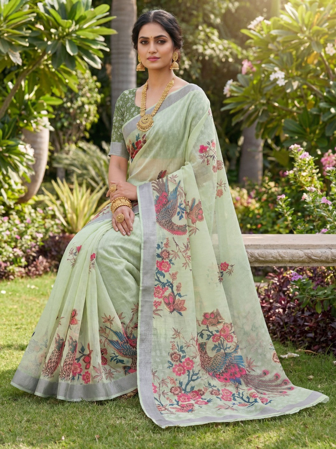 Elegant Sea Green Linen Saree with Floral Digital Print - Image 4