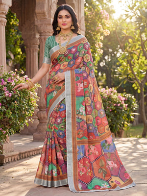 Elegant Brown Geometric Printed Linen Saree with Floral Motifs - Image 2
