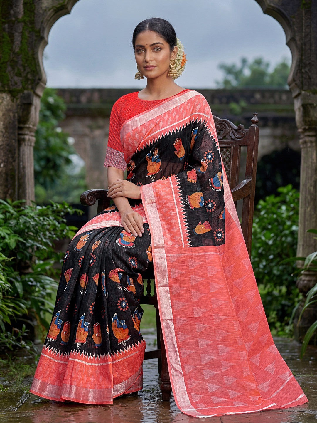Elegant Black Linen Saree with Traditional Kalamkari Motifs - Image 3