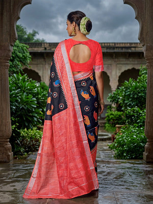Elegant Black Linen Saree with Traditional Kalamkari Motifs - Image 2