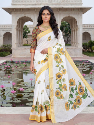 Elegant White Linen Saree with Vibrant Sunflower Floral Print - Image 1
