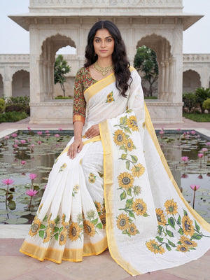 Elegant White Linen Saree with Vibrant Sunflower Floral Print - Image 2