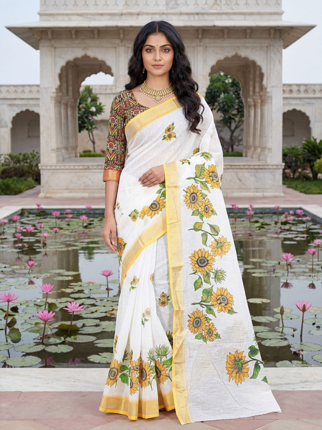 Elegant White Linen Saree with Vibrant Sunflower Floral Print - Image 4