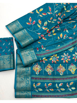 Rama Blue Dola Silk Saree with Floral Print and Jacquard Border - Image 2