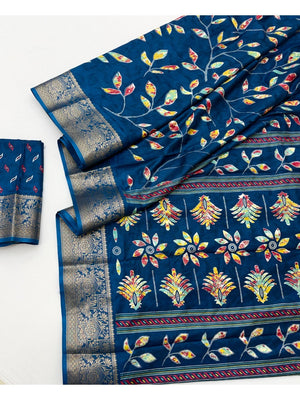 Elegant Blue Dola Silk Saree with Floral Print and Zari Border - Image 2