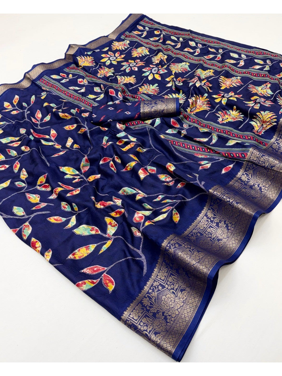 Navy Blue Dola Silk Saree with Floral Print and Jacquard Border - Image 3