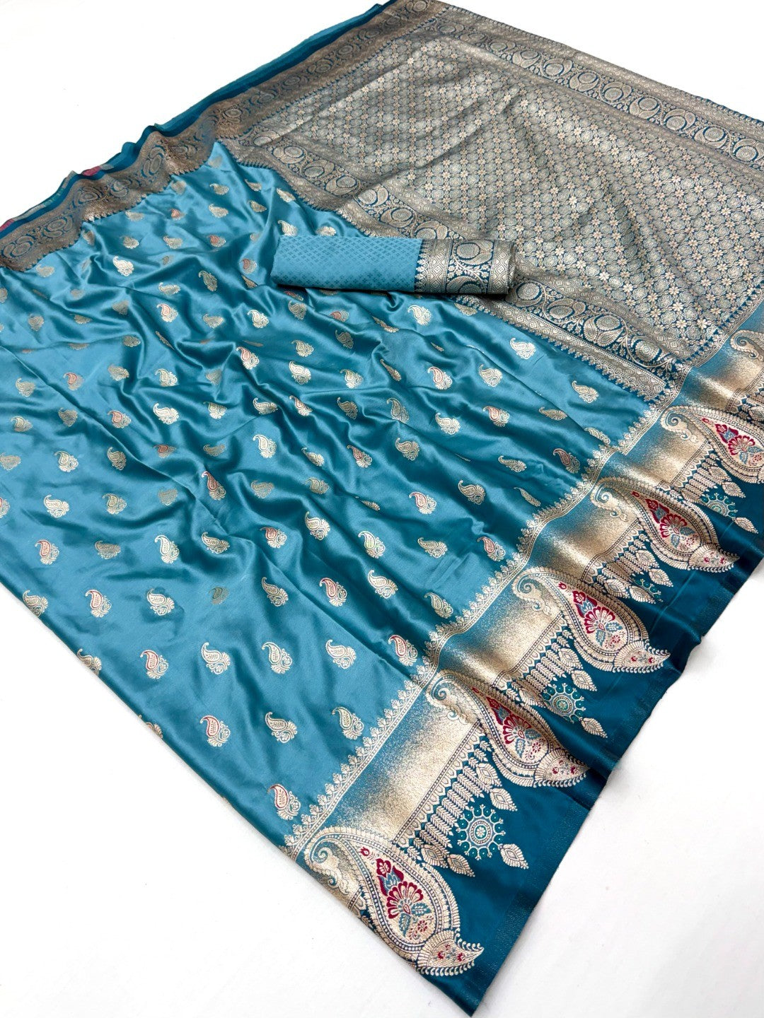 Elegant Rama Blue Satin Silk Saree with Intricate Zari Weaving and Paisley Motif - Image 3