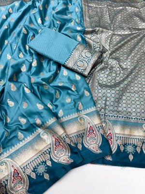 Elegant Rama Blue Satin Silk Saree with Intricate Zari Weaving and Paisley Motif - Image 2