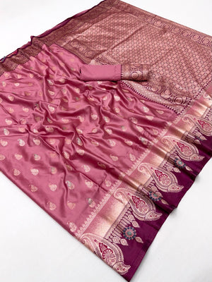 Elegant Pink Satin Silk Saree with Traditional Paisley Zari Weaving - Image 2
