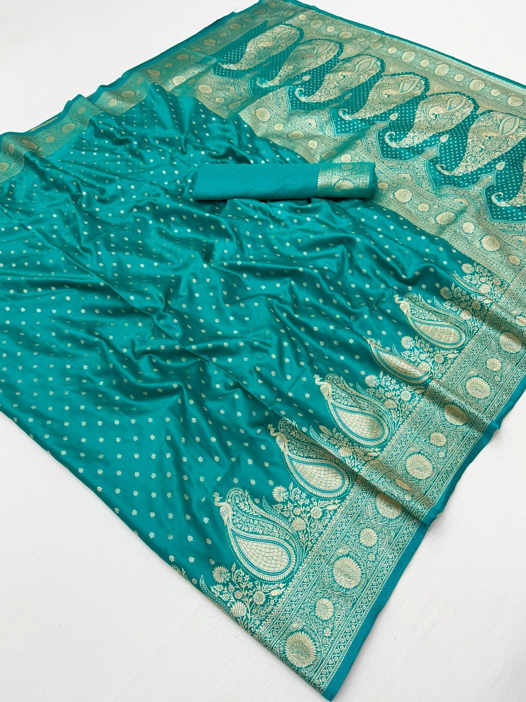 Elegant Rama Green Satin Saree with Intricate Zari Weaving - Image 3