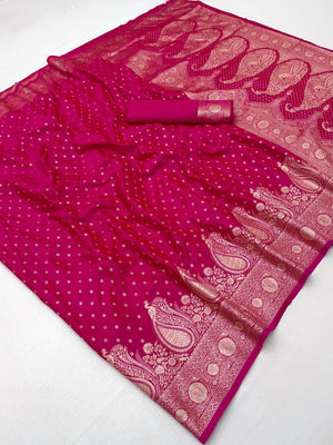 Elegant Pink Satin Saree with Intricate Zari Weaving and Paisley Patterns - Image 2