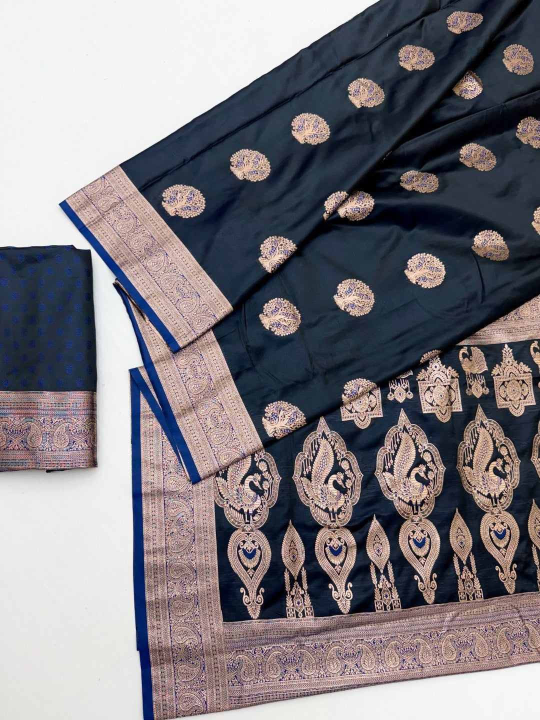 Classic Blue Satin Saree with Elegant Zari Weaving and Floral Motifs - Image 2
