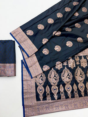 Classic Blue Satin Saree with Elegant Zari Weaving and Floral Motifs - Image 2