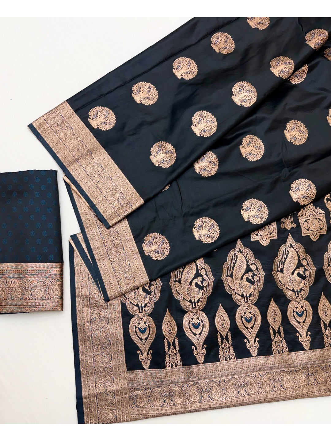 Elegant Black Satin Saree with Sophisticated Zari Weaving and Floral Motifs - Image 3
