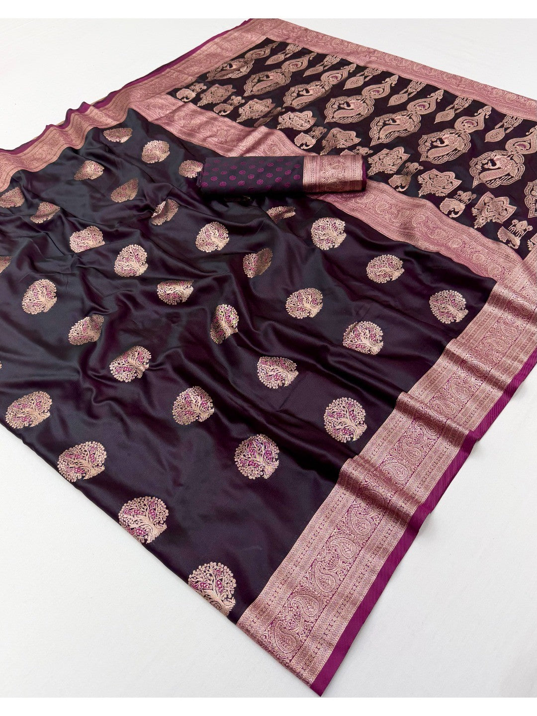 Elegant Wine Satin Saree with Sophisticated Zari Weaving and Floral Motifs - Image 3