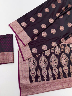 Elegant Wine Satin Saree with Sophisticated Zari Weaving and Floral Motifs - Image 2