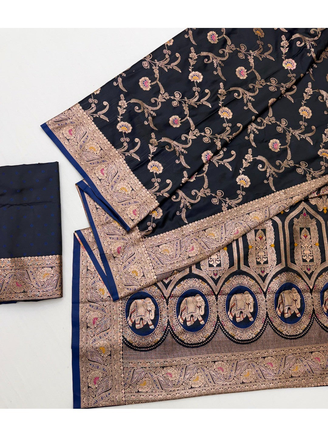 Classic Blue Floral Zari Weaving Satin Silk Saree with Sophisticated Drape - Image 3