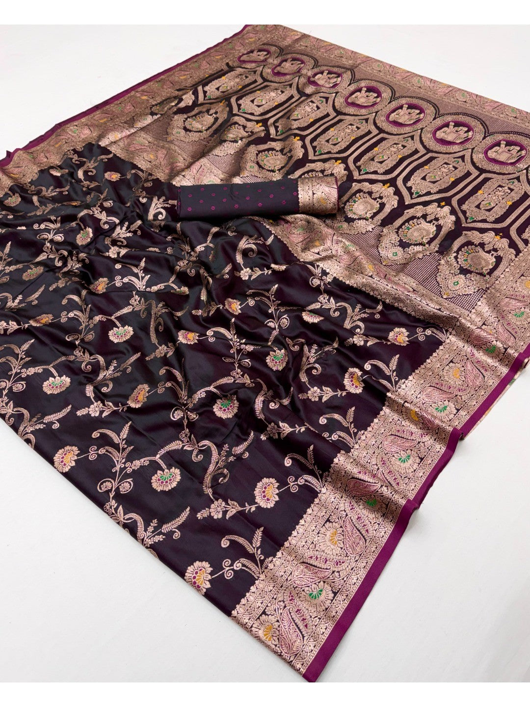 Elegant Wine Satin Silk Saree with Classic Floral Zari Weaving - Image 3
