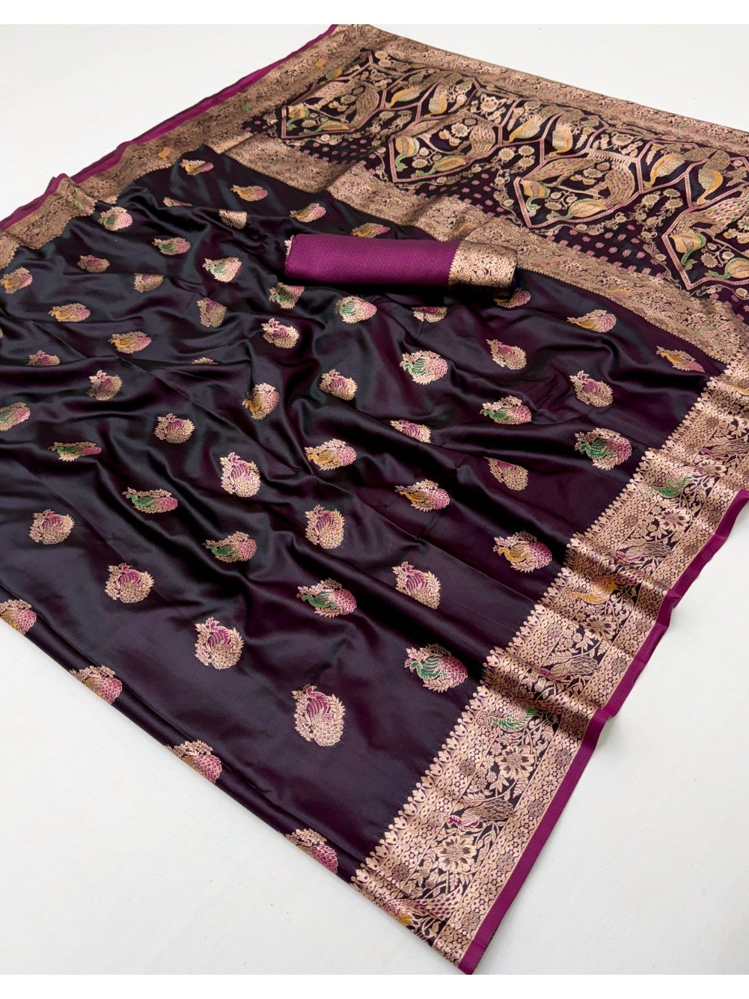 Elegant Wine Satin Saree with Intricate Zari Weaving and Floral Motifs - Image 3