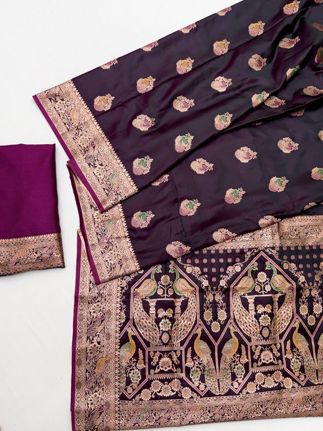 Elegant Wine Satin Saree with Intricate Zari Weaving and Floral Motifs - Image 2