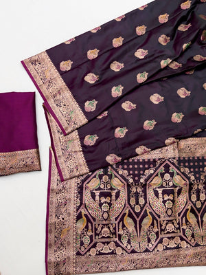 Elegant Wine Satin Saree with Intricate Zari Weaving and Floral Motifs - Image 2