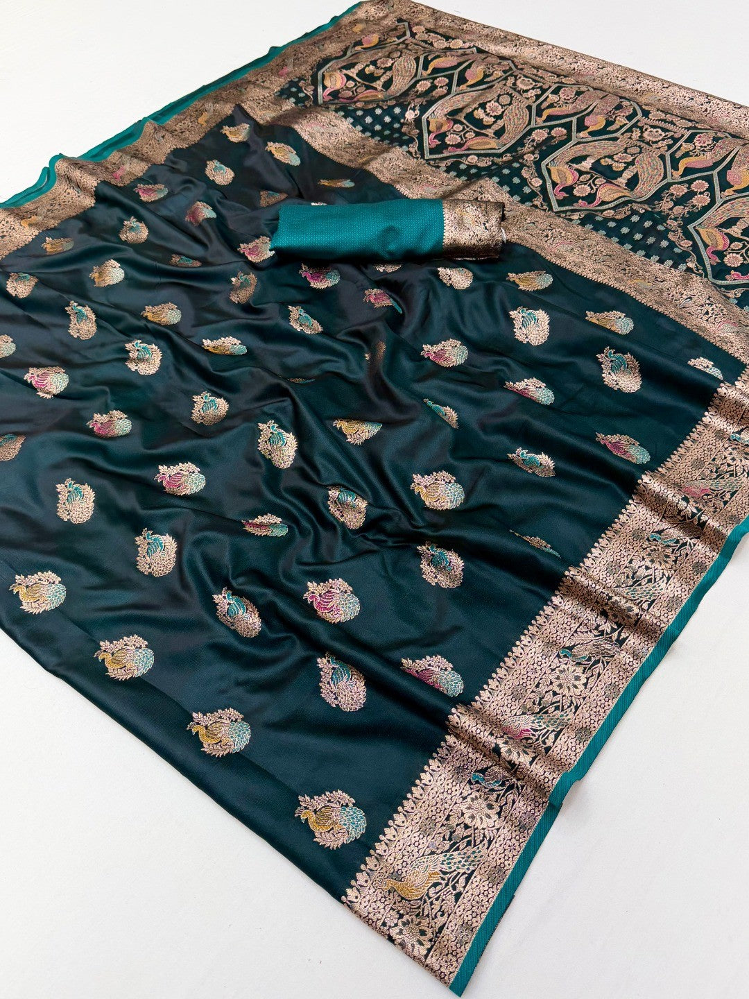 Morpich Green Satin Saree with Elaborate Zari Weaving and Peacock Motifs - Image 2
