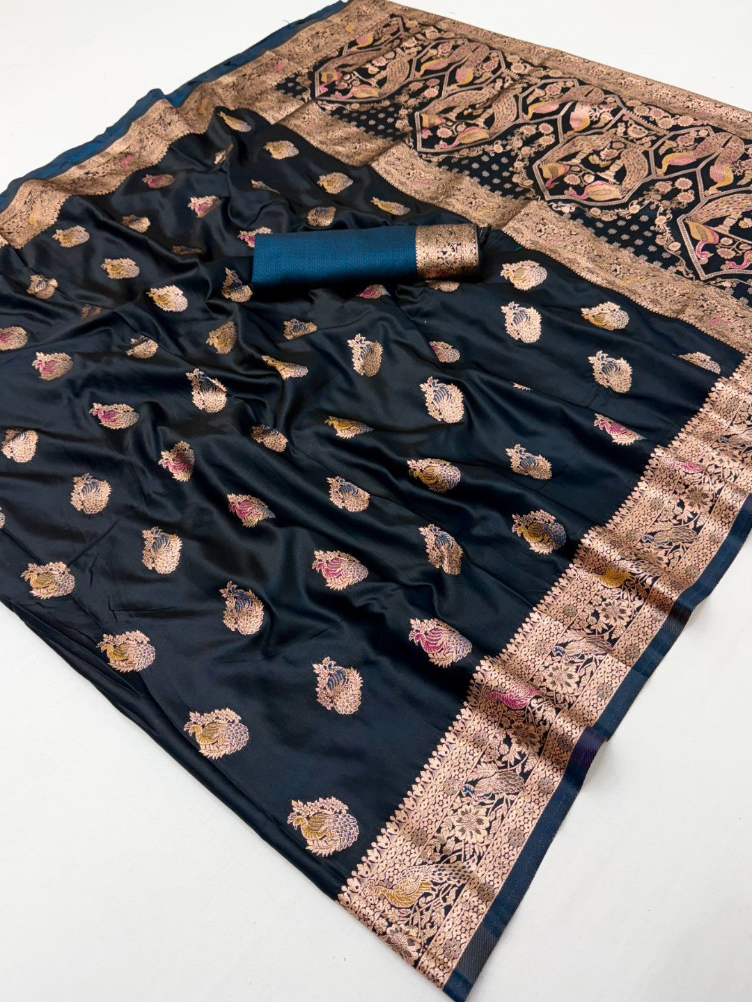 Elegant Teal Satin Zari Weaving Saree with Sophisticated Drape - Image 3