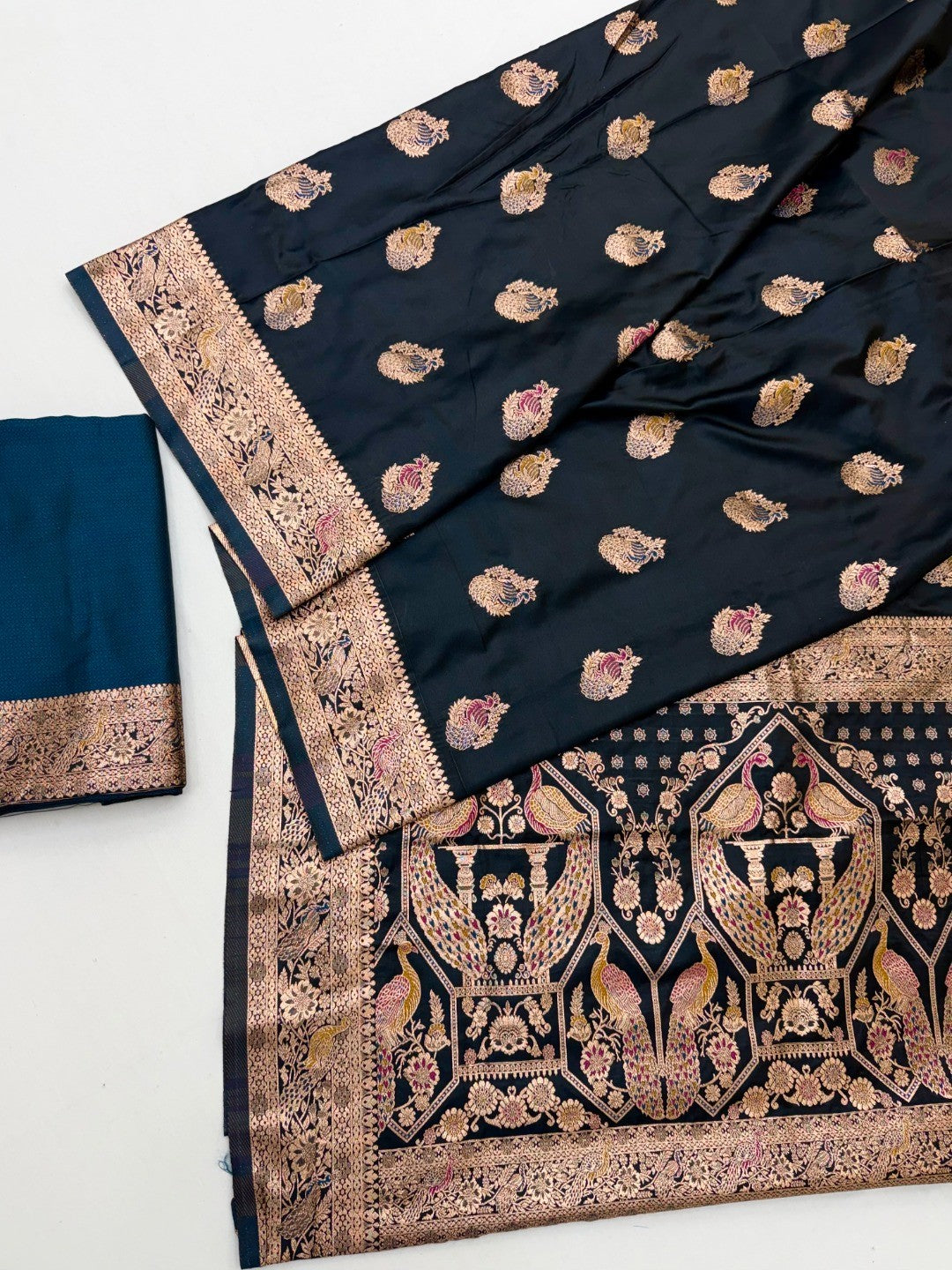 Elegant Teal Satin Zari Weaving Saree with Sophisticated Drape - Image 2