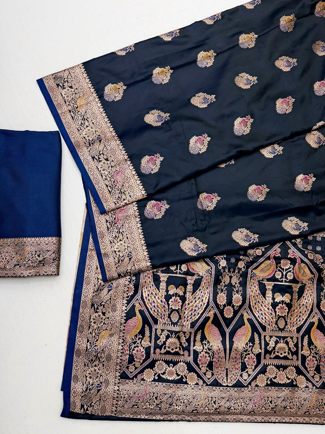 Elegant Navy Blue Satin Saree with Intricate Zari Weaving - Image 2