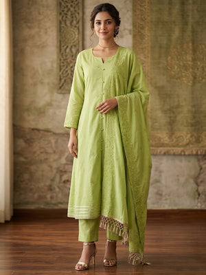 Designer Green Mul Cotton Kurta Set with Embroidered Dupatta Traditional Elegant Wear - Image 1