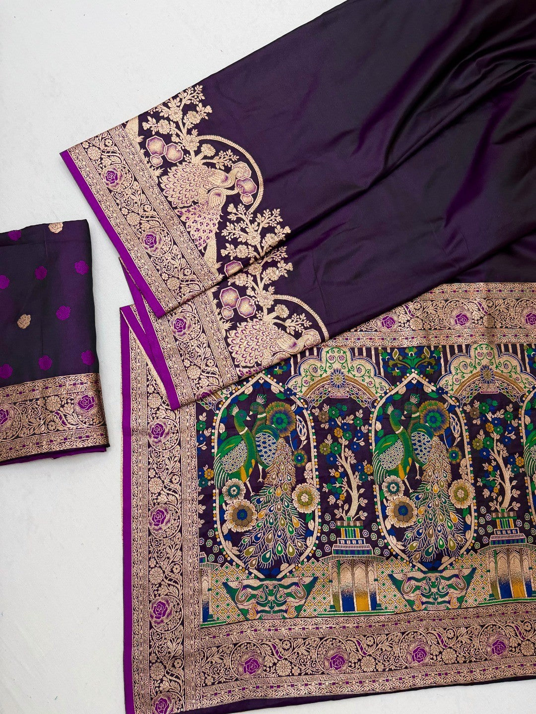 Elegant Purple Satin Saree with Intricate Zari Weaving and Peacock Motif - Image 3
