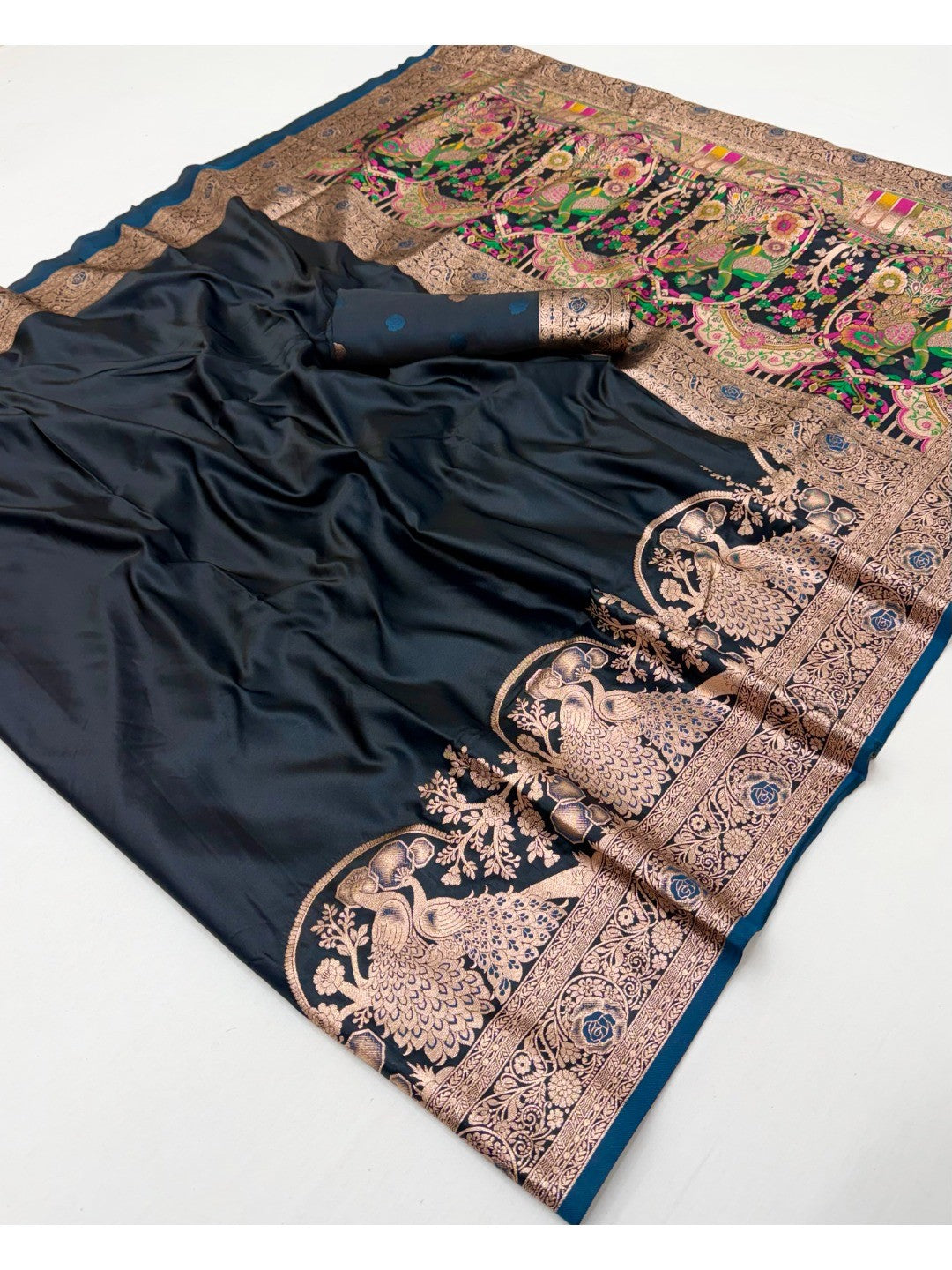 Elegant Teal Satin Silk Saree with Intricate Zari Weaving and Floral Motifs - Image 2
