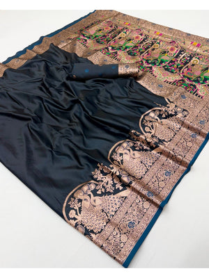 Elegant Teal Satin Silk Saree with Intricate Zari Weaving and Floral Motifs - Image 2
