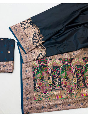 Elegant Teal Satin Silk Saree with Intricate Zari Weaving and Floral Motifs - Image 2