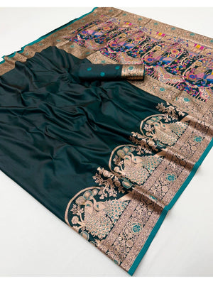 Rama Green Satin Silk Saree with Elaborate Zari Weaving and Peacock Motifs - Image 2