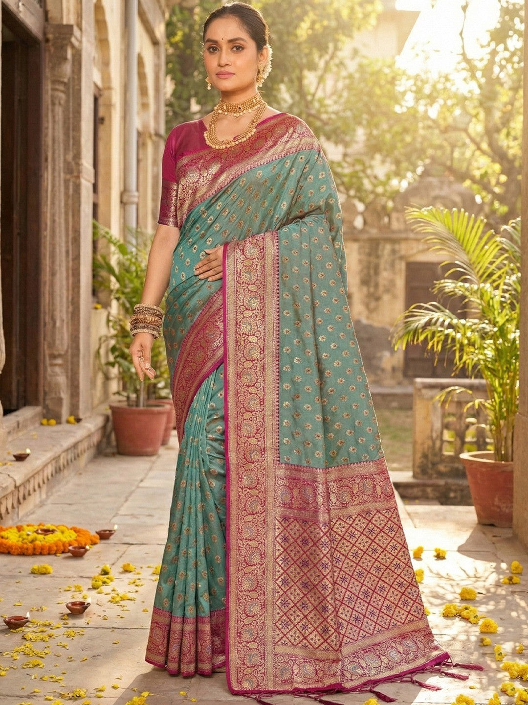 Exquisite Rama Green Floral Zari Woven Banarasi Silk Saree With Rich Tassels Pallu - Image 1