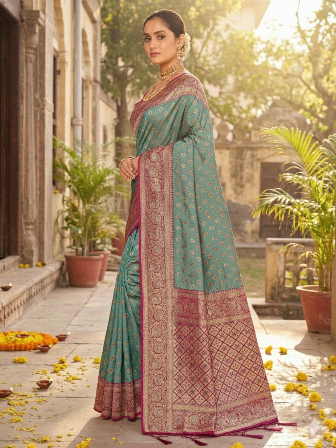 Exquisite Rama Green Floral Zari Woven Banarasi Silk Saree With Rich Tassels Pallu - Image 2