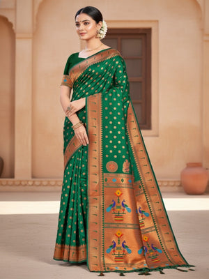 Classic Green Floral Banarasi Silk Weaving Paithani Saree With Decorative Peacock Motif Pallu - Image 1